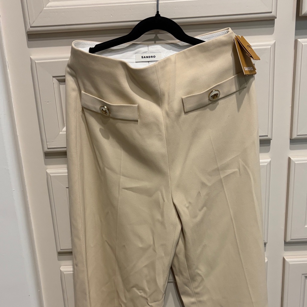 Sandro Cream High-Rise Tailored Trousers With Gold Buttons